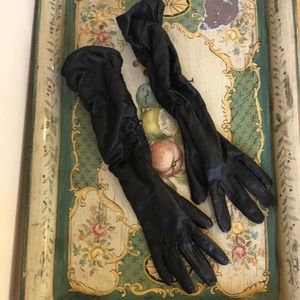 BCBG Long Leather Black Rouched Gloves